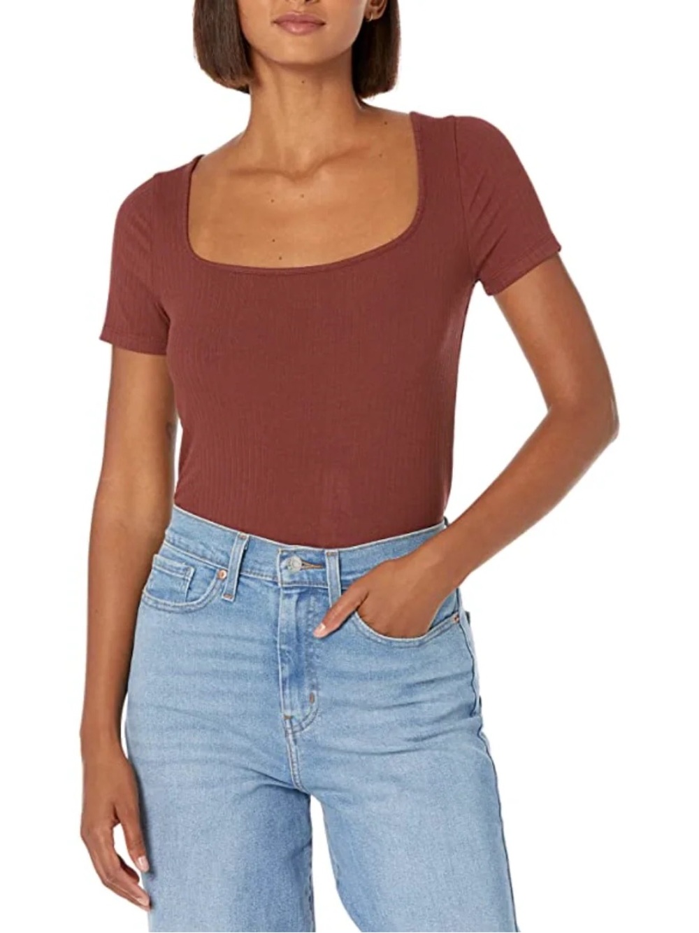 Madewell Square Neck Ribbed Top Merlot Brown Size S